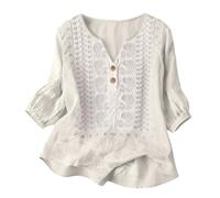 Camisas Mujer, Primavera Manga 3/4 Algodón Lino Cuello V Bordado Étnico Blusa Transpirable Verano Oficina Suelta Casual Elegante Original Tops Fiesta Boho Ideal para Playa y Vacaciones 2026
