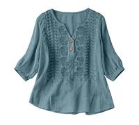 Camisas Mujer, Primavera Manga 3/4 Algodón Lino Cuello V Bordado Étnico Blusa Transpirable Verano Oficina Suelta Casual Elegante Original Tops Fiesta Boho Ideal para Playa y Vacaciones 2026