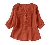 Camisas Mujer, Primavera Manga 3/4 Algodón Lino Cuello V Bordado Étnico Blusa Transpirable Verano Oficina Suelta Casual Elegante Original Tops Fiesta Boho Ideal para Playa y Vacaciones 2026