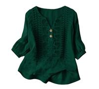 Camisas Mujer, Primavera Manga 3/4 Algodón Lino Cuello V Bordado Étnico Blusa Transpirable Verano Oficina Suelta Casual Elegante Original Tops Fiesta Boho Ideal para Playa y Vacaciones 2026