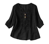 Camisas Mujer, Primavera Manga 3/4 Algodón Lino Cuello V Bordado Étnico Blusa Transpirable Verano Oficina Suelta Casual Elegante Original Tops Fiesta Boho Ideal para Playa y Vacaciones 2026