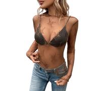 Camisas Mujer, Top Manga Larga Malla Transparente Mujer Cuello Alto Sexy Transparente con Encaje Floral Blusa Ajustada Camiseta Transparente para Fiestas Cócteles Discotecas Color Marrón Noche Tal