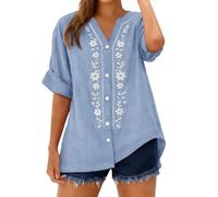 Camisas Mujer Verano Manga Corta Algodón y Lino Talla Grande Mode Cuello V Vintage Bordado Camiseta Basica Ligera Primavera Blusas y Camisas Original Fiesta Tops T-Shirt tee