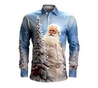Camisas Navidad Hombre, de Manga Larga con Solapa con Botones y Estampado Digital de Papá Noel navideño para Hombre (Light Blue, XXL)