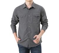 Camisas para hombre de safari, de secado rápido, transpirable, táctica, ligera, para senderismo, de manga larga, para exteriores, transpirable, informal, con botones, gris, XXXL