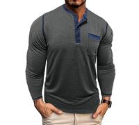 Camisas para hombre, estilo casual, color liso, cuello redondo, con botones, bolsillo, blusa, suéter para el ocio, T-492 Gris Oscuro, M
