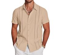 Camisas para hombre Guayabera de Cuba exquisita con bordado hueco y botones en la parte delantera, camisas de verano de manga corta para hombre, caqui, L