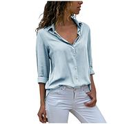 Camisas para mujer, elegantes blusas de gasa con botones, de manga larga, estilo casual, suave, lisa, cuello vuelto, elegante, para el trabajo, verano, elegante, para la oficina, Azul cielo 1,
