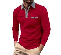 Camisas polo de manga larga para hombre, cuello de pata de gallo, con botones, con bolsillo, blusas de negocios, Polo rojo para hombre, XL