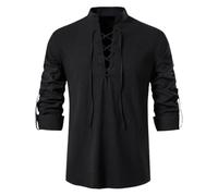 Camisas renacentistas para hombres, Camisetas medievales steampunk de algodón-lino mangas largas, blusas clásicas de cordones estilo vintage para carnaval atuendos vikingos tops Henley cuello mandarín