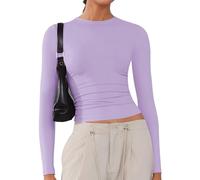 Camisas suaves de manga larga para mujer, cuello redondo, camisetas básicas elásticas para salir, camisetas cortas Y2K ajustadas, Púrpura taro, S