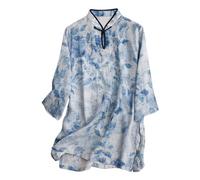 Camisas tradicionales chinas para mujer, blusa de lino de verano con cuello mandarín y botones de rana, túnica floral retro para práctica de tai chi, uso casual para uso diario al aire libre, azul, L