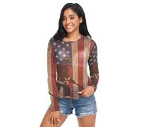 Camisas transparentes para mujer, bombero de madera con bandera de Estados Unidos, fina línea roja de EE. UU., tops de malla de manga larga S, Wood Fireman USA Flag Thin Red Line Us Firefighter, XXL