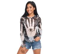 Camisas transparentes para mujer, brujería oculta Hamsa, Mano de Ojo Mal de Fátima, Luna, Malla de manga larga Tops S, Hamsa Oculto Mano Mal Ojo Fatima Luna Brujería, L