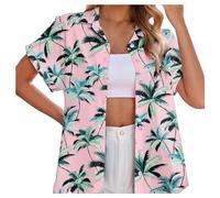 Camisas tropicales de verano para mujer, diseño de palmera hawaiana, divertida, con botones, manga corta, gráfico caribeño, casual, floral, camisa de bolos, camisa cubana para golf, rosa, M
