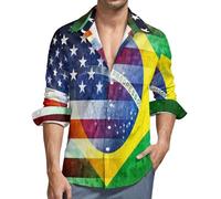 Camisas Vintage para Hombre con Bandera de Estados Unidos y Brasil, Camisa de Corte Regular con Botones, Manga Larga, Informal, con Bolsillo.