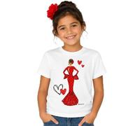 Camiseta 100% algodón orgánico de Manga Corta para niña, con Traje de Flamenca Rojo - Camiseta Blanca - Talla 11/12 - María Rojo