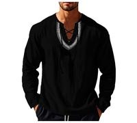 Camiseta 2026 Hombres Hombres Suéter Suelto Estilo Étnico Casual Manga Larga Camisa Lino Cuello Alto, Negro , XXL