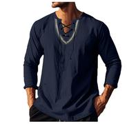 Camiseta 2026 Hombres Hombres Suéter Suelto Estilo Étnico Casual Manga Larga Camisa Lino Cuello Alto, marine, XL