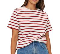 Camiseta a rayas con borde de manga corta primavera y verano europeos y 2023 Nuevo Versátil Simple de Algodón Suelto Cuello Redondo Manga Corta Rayas Camiseta Blanco Mujer, rojo, L