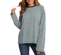 Camiseta a rayas de manga larga para mujer con cuello redondo, corte holgado para ropa informal informal, patrón de rayas coloridas en colores contrastantes, cómoda moda diaria, A1-azul., M