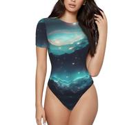 Camiseta ajustada de cuello redondo con estampado de estrellas de ciencia ficción para mujer, adecuada para yoga, correr, uso diario, tallas S-XXL, Negro, S