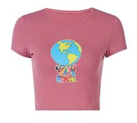 Camiseta ajustada de manga corta con cuello redondo para mujer, diseño de dibujos animados, estampado de tierra, camisetas de calle, Multicolor, L