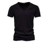 Camiseta Algodón Bambú 10 Colores Verano Transpirable V-Neck Hombres Manga Corta Tops EU Size (TH037),Negro,3XL