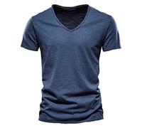 Camiseta Algodón Bambú 10 Colores Verano Transpirable V-Neck Hombres Manga Corta Tops EU Size (TH037),Navy Blue,3XL