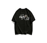 Camiseta algodón estampado gato y taza café holgada - Black - Small