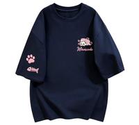 Camiseta algodón Holgada Gato Bordado Manga Corta - Azul Marino - 3XL