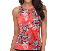 Camiseta Baño Mujer Bikini Mujer Parte de Arriba Traje de Baño Conservador Una Sola Parte Superior con Almohadilla para El Pecho Color Sólido Bañador Bikini Abajo (Red XL)