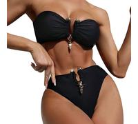 Camiseta Baño Mujer Bikini Reductor Pecho Mujer Conjunto de Bikini con Anillo de Metal Sexy para Traje Baño con Cuello En V Y Muesca Cintura Bikinis Reductores (Black XL)