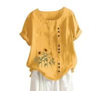 Camiseta Barca Ofertas Top De Manga Corta con Botones Y Estampado Floral De Girasol Informal De Algodón Y Lino para Mujer Camisa De Mujer Roja Camisetas Moradas Top len Jersey Chica Ofertas