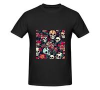 Camiseta básica de manga corta con estampado de calaveras florales coloridas para hombre, clásica esencial, algodón suave para familiares y amigos, Negro, 3XL