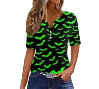 Camiseta básica de manga corta de Halloween para mujer, 2025, estampada, blusa de manga corta, cuello en V, camiseta para interiores y exteriores, deportes, trabajo o vida cotidiana, Negro, L