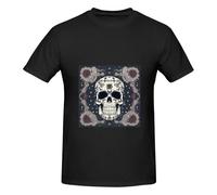 Camiseta básica de manga corta para hombre con estampado de calavera y flores, clásica esencial, algodón suave para familiares y amigos, Negro, 3XL