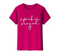 Camiseta básica de manga corta para mujer 2025 con estampado de letras de Halloween de imitación de algodón con cremallera, para interiores y exteriores, deportes, trabajo o vida diaria, hot pink, XL