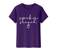 Camiseta básica de manga corta para mujer 2025 con estampado de letras de Halloween de imitación de algodón con cremallera, para interiores y exteriores, deportes, trabajo o vida diaria, Morado Oscuro