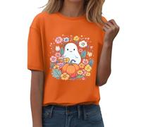 Camiseta básica de manga corta para mujer, camiseta de Halloween 2025, camiseta de manga corta para mujer, cuello redondo, estampado de calabaza, casual, otoño, para interiores y exteriores, deportes