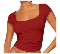 Camiseta básica de Manga Corta para Mujer, Top Ajustado con Capas de, Top Ajustado de Verano (Red, L)