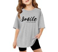 Camiseta básica de manga corta para niña con estampado de letras y cuello redondo, gris, 5-6 años