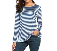 Camiseta Básica de Manga Larga a Rayas para Mujer - Blusa de Muselina Ligera con Cuello Redondo - Rojo, Azul y Blanco