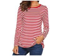 Camiseta Básica de Manga Larga a Rayas para Mujer - Blusa de Muselina Ligera con Cuello Redondo - Rojo, Azul y Blanco