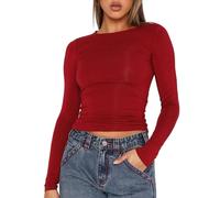 Camiseta básica de manga larga para mujer, ajustada, ajustada, Y2K, camiseta de manga larga, informal, camiseta interior con escote, rojo, S