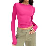 Camiseta básica de manga larga y cuello redondo para mujer, corte ajustado, para entrenamiento, yoga, tallas grandes, Rosa intenso., L