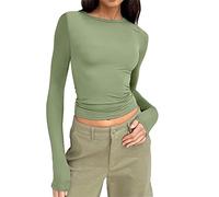 Camiseta básica de manga larga y cuello redondo para mujer, corte ajustado, para entrenamiento, yoga, tallas grandes, verde, M