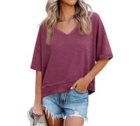 Camiseta básica de Manga Media con Cuello en V y bajo asimétrico para Mujer. Camisetas Cortas de Manga Corta para Verano. (Red,S)