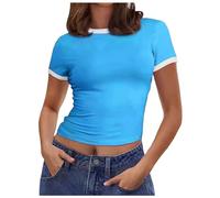 Camiseta básica de verano para mujer, manga corta, cuello redondo, a rayas, corte ajustado, camiseta básica, azul, L