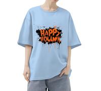 Camiseta básica fácil de llevar para mujer, camiseta de Halloween divertida de manga corta 2025, camisetas gráficas de moda para interiores y exteriores, deportes, trabajo o vida diaria, azul claro, M
